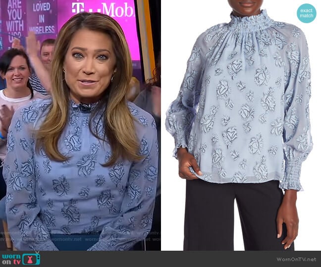 Rebecca Taylor Long Sleeve Smocked Floral Blouse worn by Ginger Zee on Good Morning America
