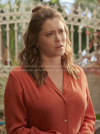Rebecca’s orange button down blouse on Crazy Ex-Girlfriend