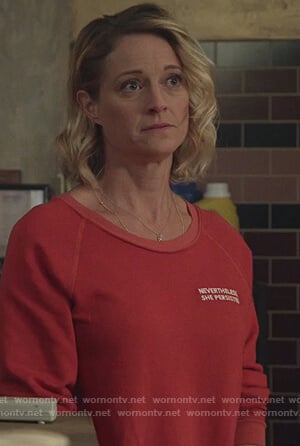 Stef’s red Nevertheless She Persisted Sweatshirt on Good Trouble