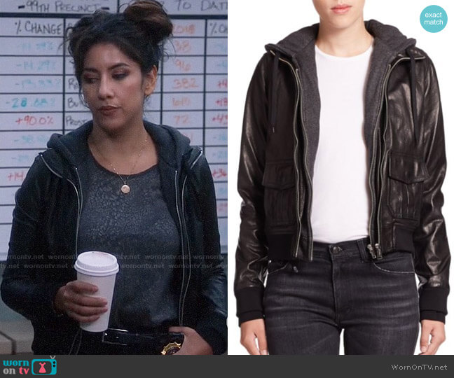 R13 Layered Jersey-Hood Leather Bomber Jacket worn by Rosa Diaz (Stephanie Beatriz) on Brooklyn Nine-Nine
