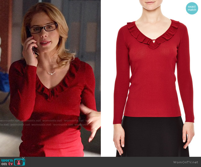 Sandro Ruffle Trim V-Neck Sweater worn by Felicity Smoak (Emily Bett Rickards) on Arrow