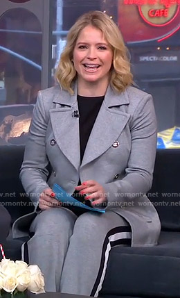 Sara’s grey coat and side striped pants on GMA Strahan And Sara