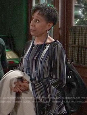 Stella’s black and blue patterned bell-sleeve top on General Hospital