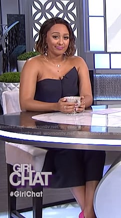 Tamera’s navy strapless jumpsuit on The Real