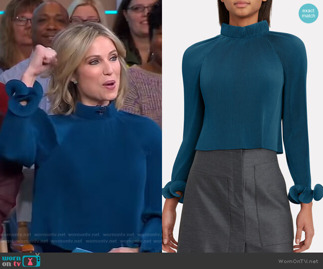 Tibi Teal Pleated Crop Top worn by Amy Robach on Good Morning America