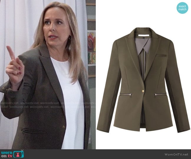 Veronica Beard Scuba Jacket in Army/Green worn by Laura Collins (Genie Francis) on General Hospital