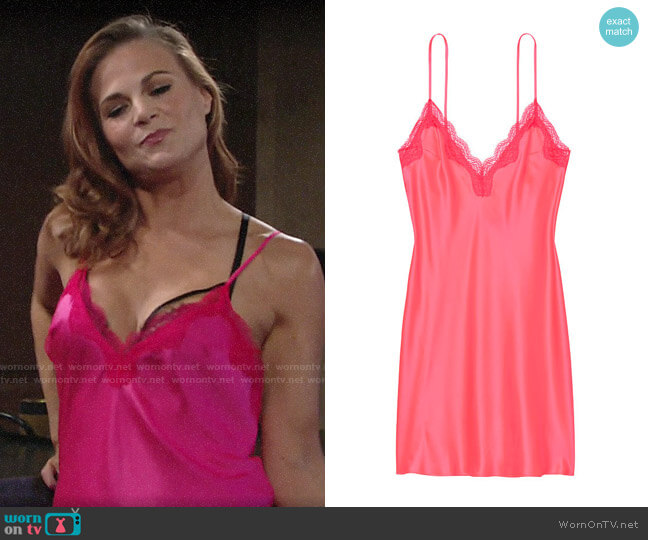 Victorias Secret Satin & Lace Slip in Neon Hot Pink W/Ignited Trim worn by Phyllis Newman (Gina Tognoni) on The Young and the Restless