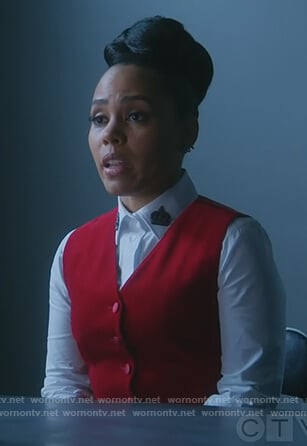 Tegan’s white embellished collar blouse and red vest on How to Get Away with Murder