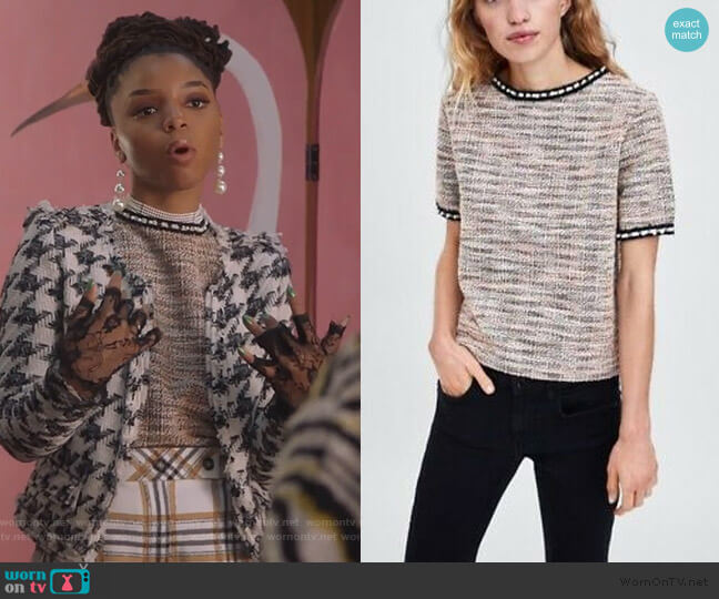 Zara Tweed Pearl Trim Neckline Top worn by Jazlyn Forster (Chloe Bailey) on Grown-ish