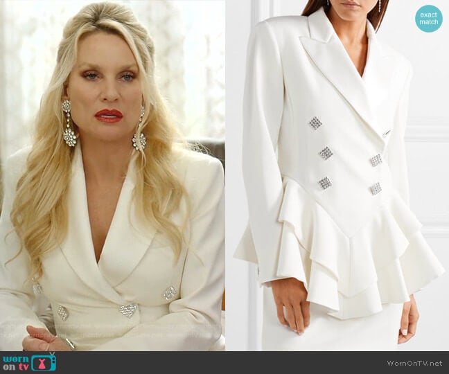 Alessandra Rich Crystal-Embellished Satin-Trimmed Peplum Blazer worn by Alexis Carrington (Elaine Hendrix) on Dynasty