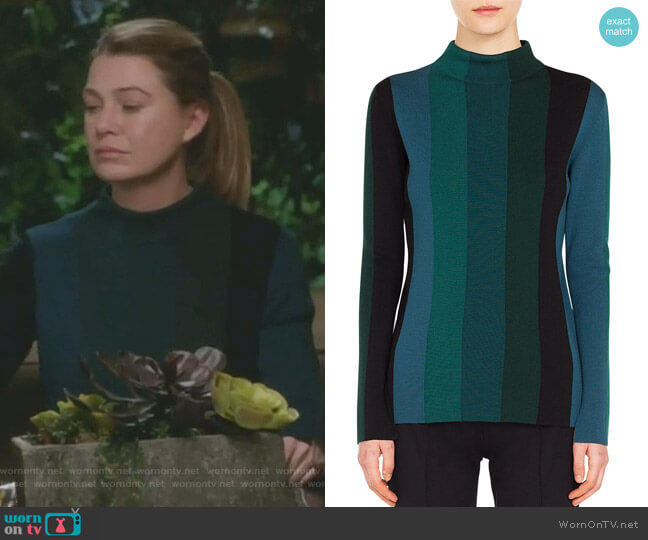 Akris Punto Turtleneck Slit Long-Sleeve Striped Wool Knit Top worn by Meredith Grey (Ellen Pompeo) on Greys Anatomy