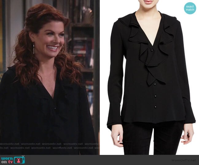 Alexander McQueen Ruffle-Trimmed Silk Blouse worn by Grace Adler (Debra Messing) on Will and Grace