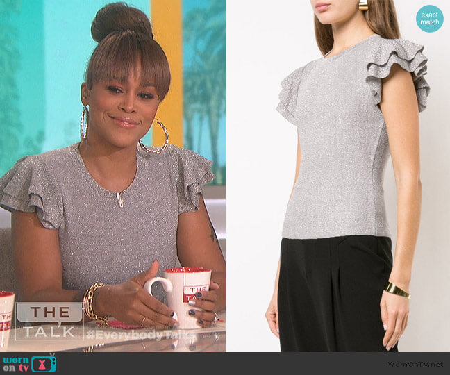 Alice + Olivia ruffle sleeve top worn by Eve on The Talk
