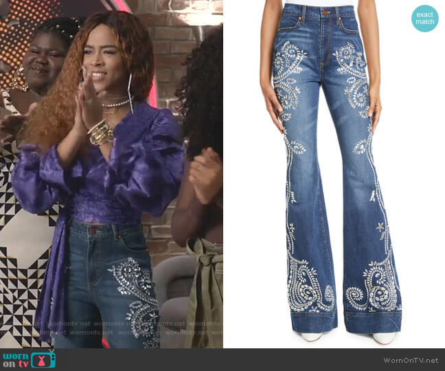 Alice + Olivia Jeans Beautiful Embellished High-Rise Jeans worn by Tiana Brown (Serayah McNeill) on Empire