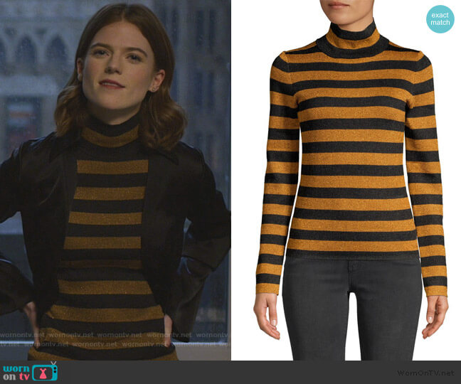 Alice + Olivia Roberta Metallic Stripe Turtleneck Top worn by Maia Rindell (Rose Leslie) on The Good Fight