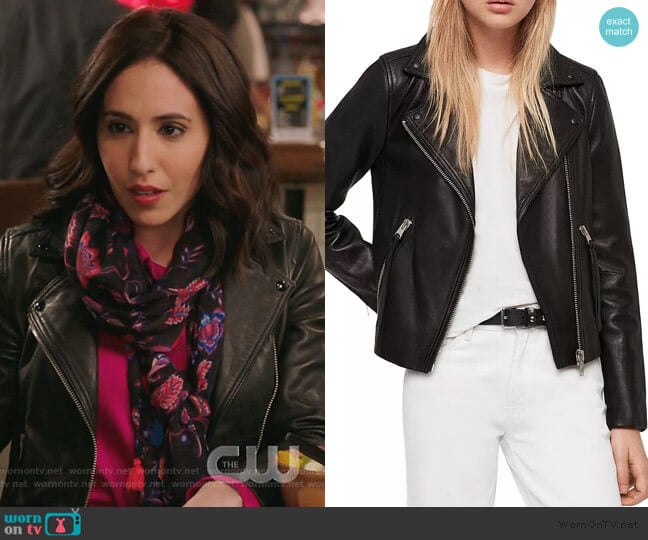 All Saints Dalby Leather Biker Jacket worn by Valencia Perez (Gabrielle Ruiz) on Crazy Ex-Girlfriend