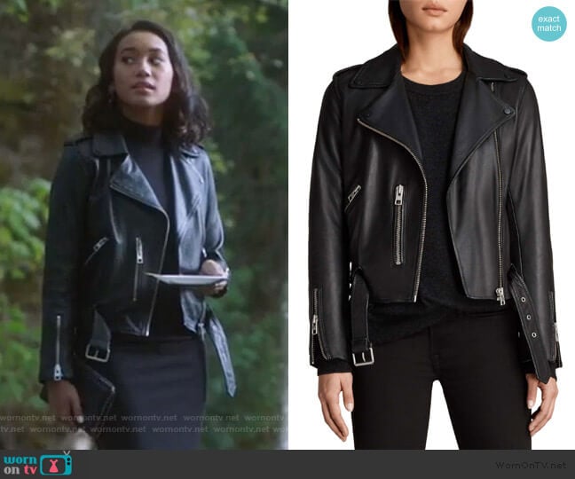 All Saints Balfern Leather Biker Jacket worn by Caitlin Martell-Lewis (Sydney Park) on Pretty Little Liars The Perfectionists