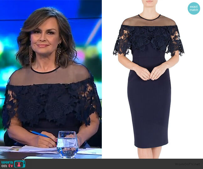 Anthea Crawford Navy Crepe & Lace Dress worn by Lisa Wilkinson on The Project