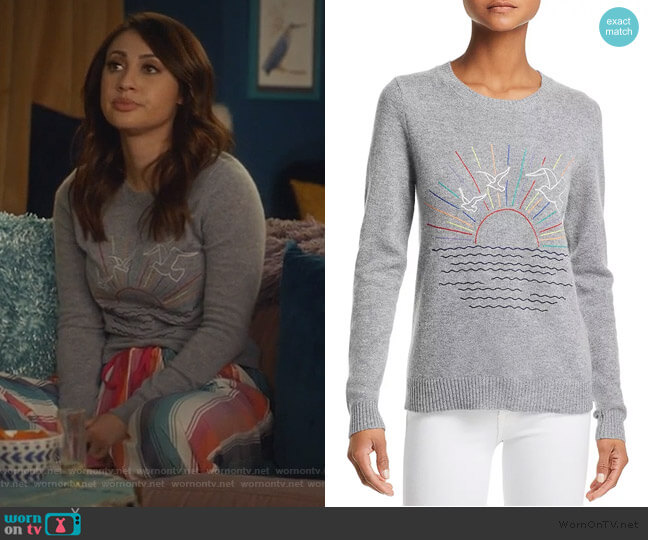 Aqua Cashmere Sunset-Embroidered Cashmere Sweater worn by Ana Torres (Francia Raisa) on Grown-ish