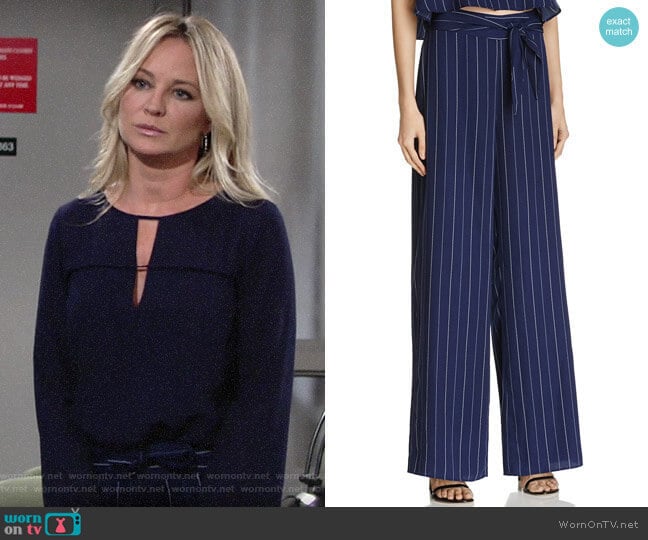 Aqua Stripe Tie Waist Wide Leg Pants worn by Sharon Newman (Sharon Case) on The Young and the Restless