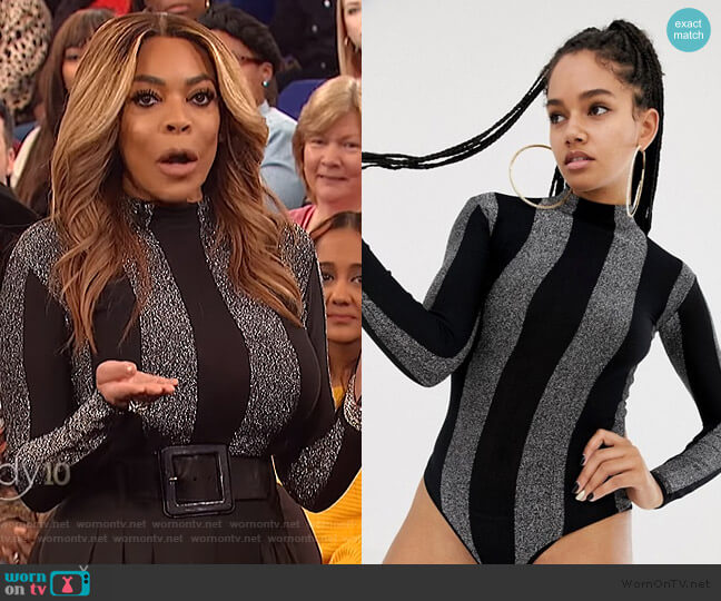 ASOS DESIGN x LaQuan Smith high neck bodysuit in glitter stripe worn by Wendy Williams on The Wendy Williams Show