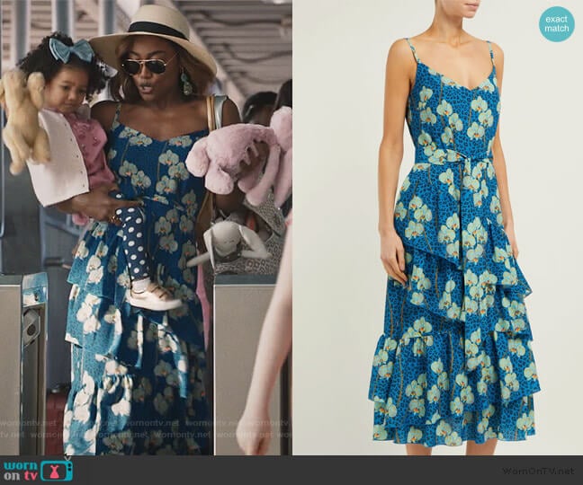 Borgo De Nor Coco orchid and leopard-print crepe midi dress worn by Daisy Grant (Patina Miller) on Madam Secretary