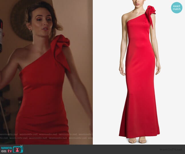 Betsy & Adam One-Shoulder Ruffled Scuba Gown worn by Angie (Leighton Meester) on Single Parents