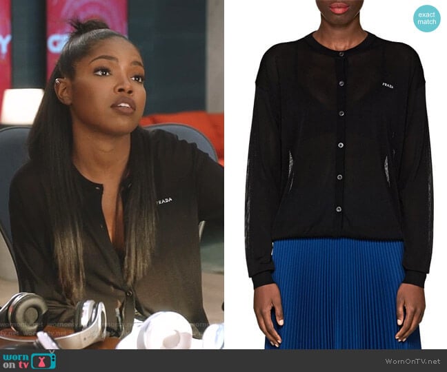 Prada Logo Semi-Sheer Cardigan worn by Alexandra Crane (Ryan Destiny) on Star