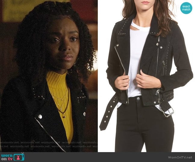 Blank NYC Studded Suede Moto Jacket worn by Josie McCoy (Ashleigh Murray) on Riverdale
