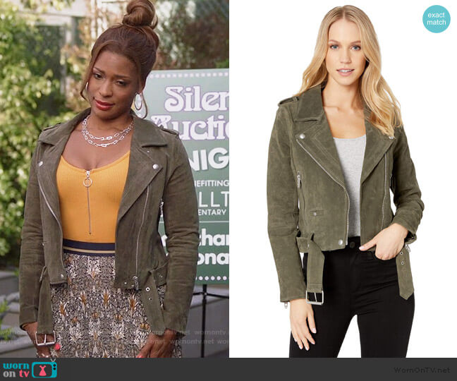 Blank NYC Suede Moto Jacket in Herb worn by Poppy (Kimrie Lewis) on Single Parents
