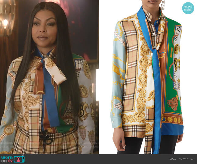 Burberry Shelduck Archive Scarf-Print Tie-Neck Mulberry Silk Blouse worn by Cookie Lyon (Taraji P. Henson) on Empire