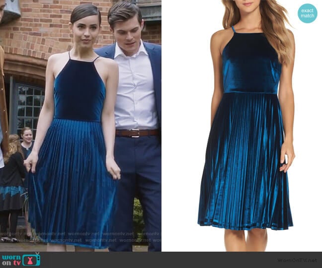 Chelsea28 Pleated Velvet Fit & Flare Dress worn by Ava Jalali (Sofia Carson) on Pretty Little Liars The Perfectionists