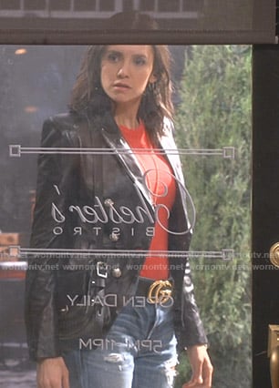 Clem’s black leather blazer on Fam