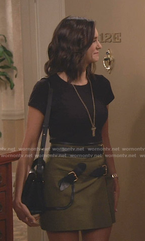 Clem’s khaki belted mini skirt on Fam