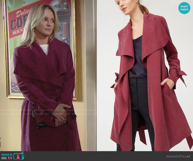 Club Monaco Ellayne Trench in Pomegranate worn by Sharon Newman (Sharon Case) on The Young and the Restless