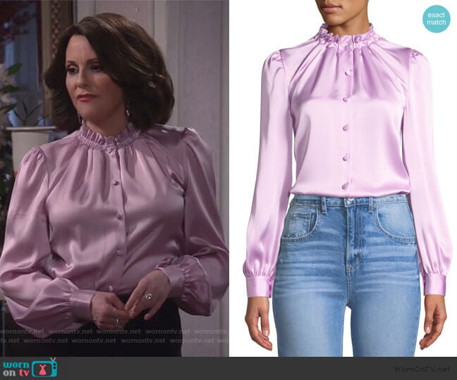 Co Cinched-Neck Long-Sleeve Satin Blouse worn by Karen Walker (Megan Mullally) on Will and Grace