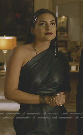 Cristal’s one shoulder leather dress on Dynasty