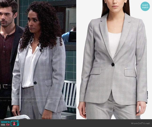 DKNY One-Button Plaid Classic Jacket worn by Jordan Ashford (Briana Nicole Henry) on General Hospital