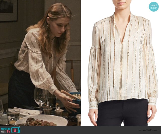 Derek Lam 10 Crosby Metallic V-Neck Blouse worn by Stephanie 'Stevie' McCord (Wallis Currie-Wood) on Madam Secretary