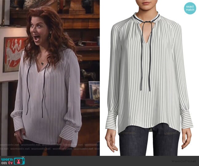 Derek Lam Striped Silk Blouse worn by Grace Adler (Debra Messing) on Will and Grace