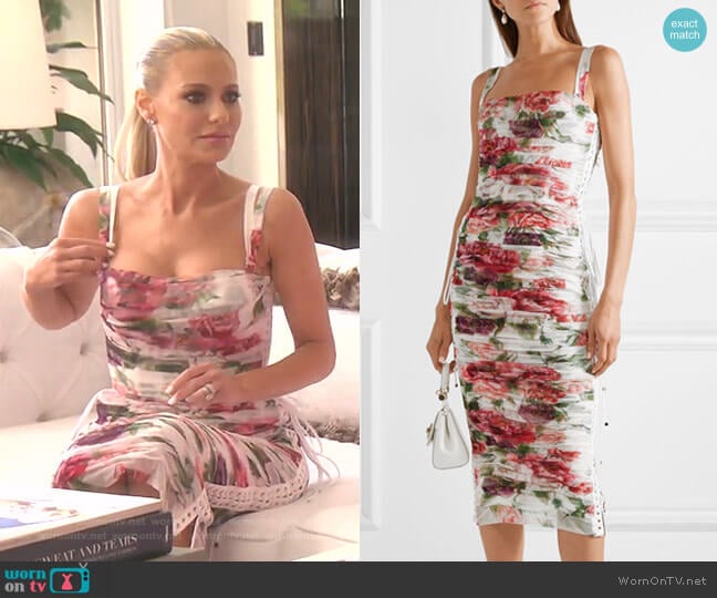 Dolce & Gabbana Lace-Up Ruched Floral-Print Tulle Midi Dress worn by Dorit Kemsley on The Real Housewives of Beverly Hills