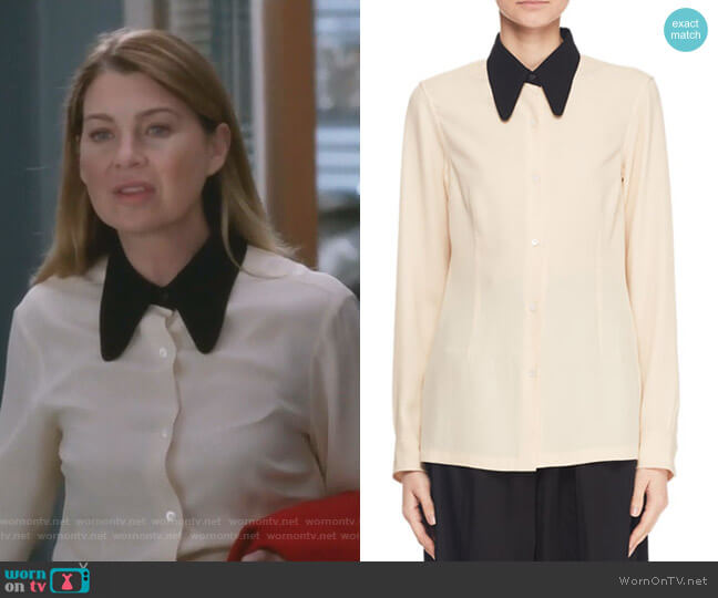 Dries Van Noten Button-Front Long-Sleeve Blouse w Contrast Collar worn by Meredith Grey (Ellen Pompeo) on Greys Anatomy