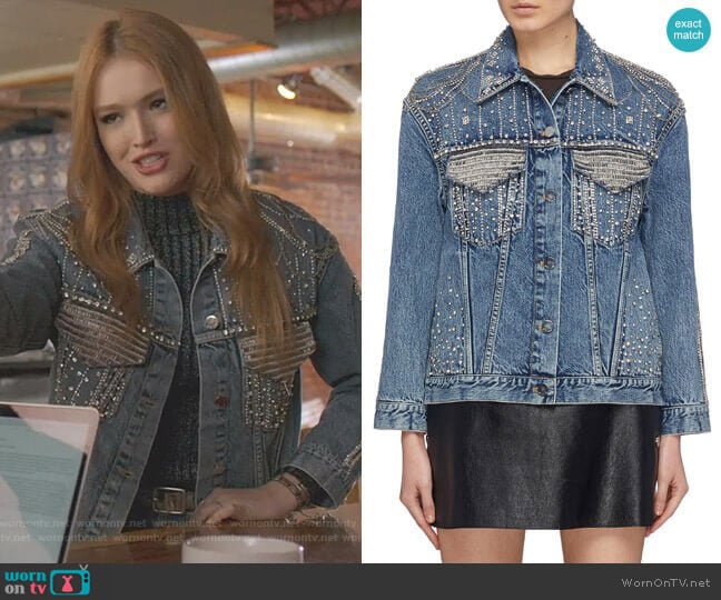 Alice + Olivia Embellished Denim Jacket worn by Kirby Anders (Maddison Brown) on Dynasty