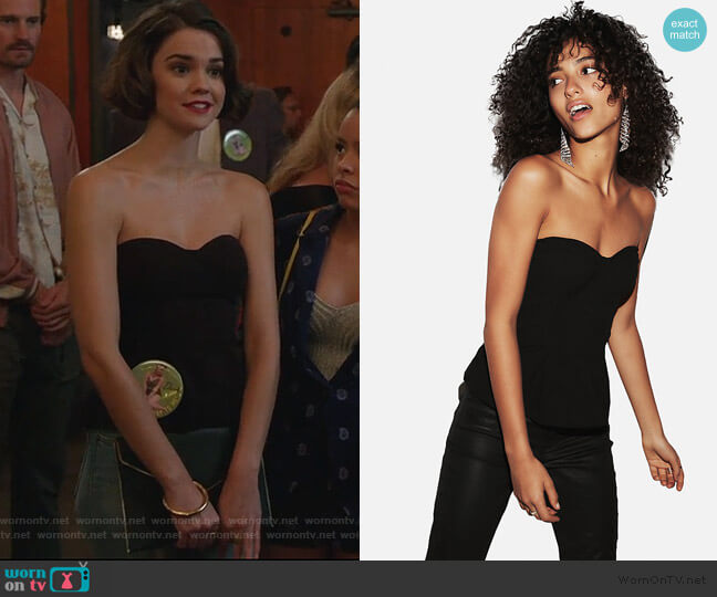 Express Petite Jacquard Dot Peplum Corset Top worn by Callie Foster (Maia Mitchell) on Good Trouble