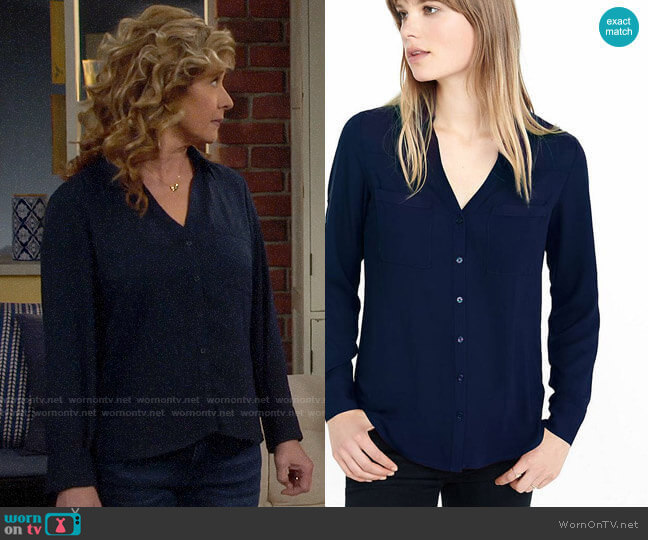 Express Slim Fit Portofino Shirt in Navy worn by Vanessa Baxter (Nancy Travis) on Last Man Standing