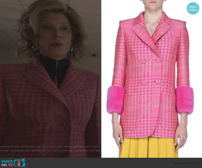Fendi Princes of Wales Check Jacket with Fur Cuffs worn by Diane Lockhart (Christine Baranski) on The Good Fight