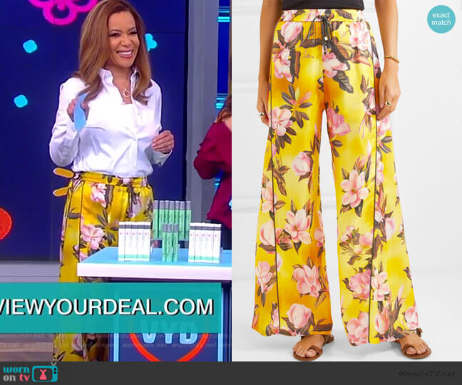 For Restless Sleepers Apate floral-print satin-twill wide-leg pants worn by Sunny Hostin on The View
