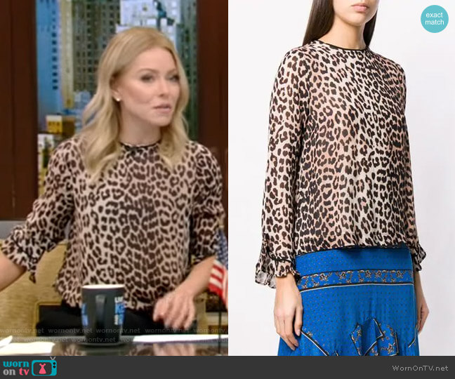 Ganni Leopard Print Long-Sleeve Blouse worn by Kelly Ripa on Live with Kelly and Mark