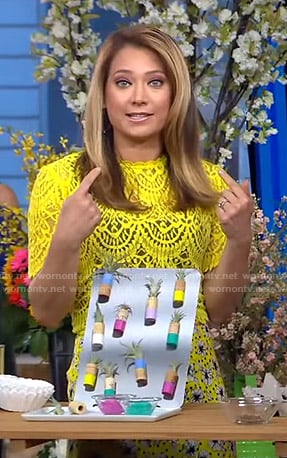 Ginger’s yellow lace top and floral skirt on Good Morning America
