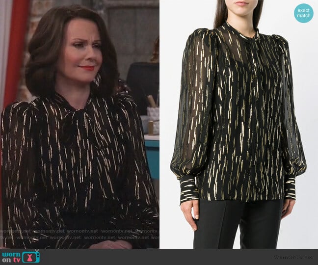 Givenchy fil coupé pussy bow blouse worn by Karen Walker (Megan Mullally) on Will and Grace